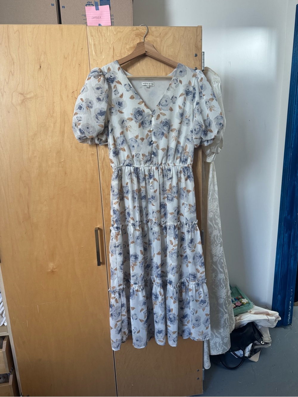 Moon River Cream Midi Dress with Blue and Tan Floral Print